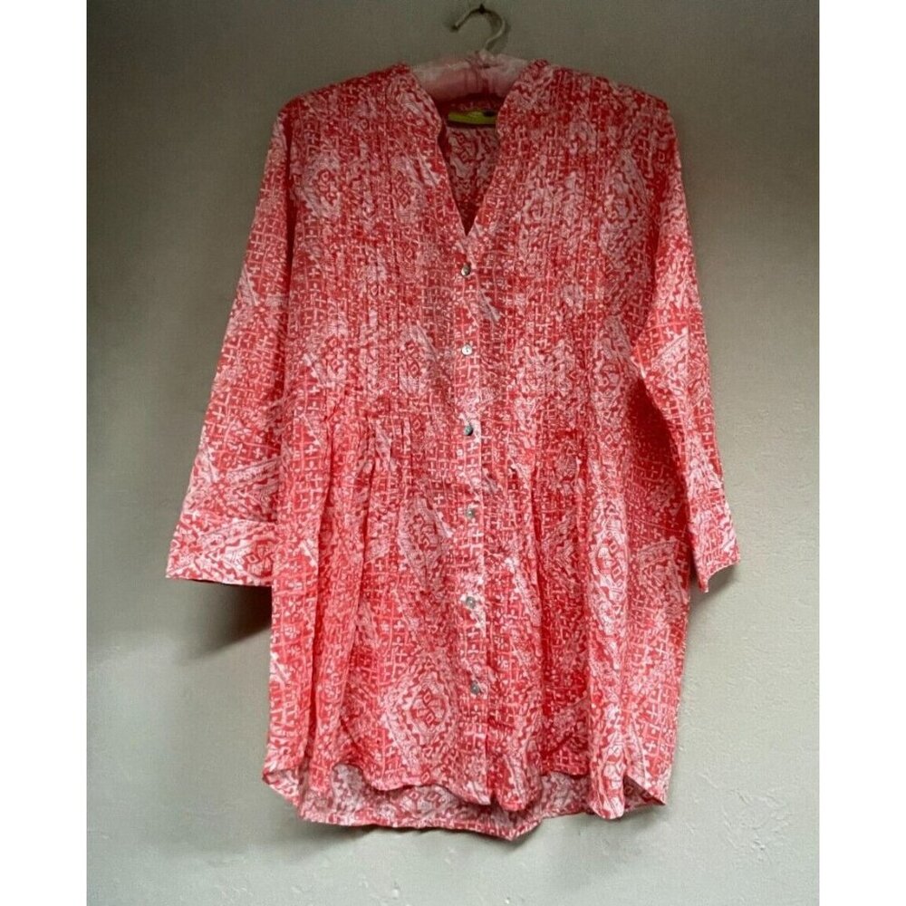 Rock Flower Paper Womens Pintuck Cotton Tunic Top Small 3/4 Sleeve Orange